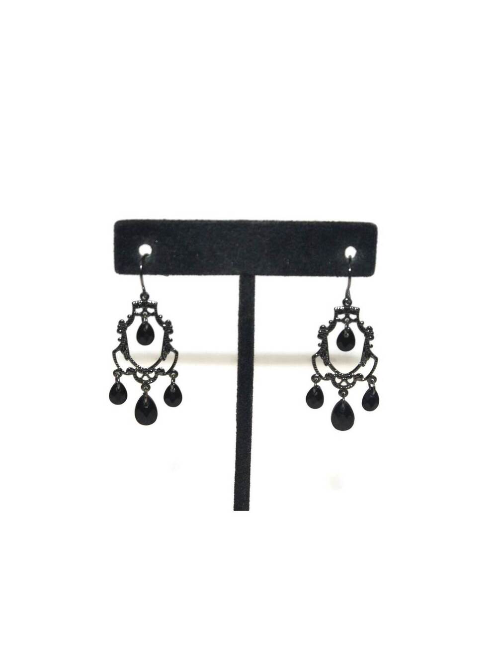 Vintage Silver Tone and Black Plastic Beads Dangle Chandelier Earrings.